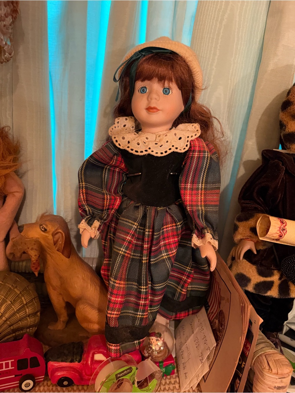 Classic Red Plaid Porcelain Doll with Lace Collar - Unbranded